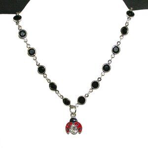 Lucky Ladybug Necklace, Black Crystal With Ladybird Charm With White CZ, NEW
